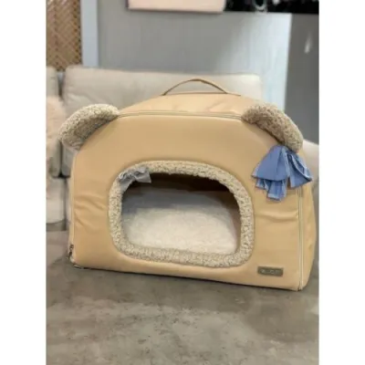 Будиночок з еко-шкіри для собак і котів Pretty Pet "Bear House" бежевий, з вушками