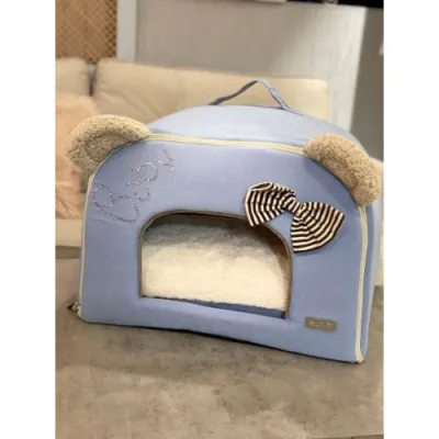 Будиночок для собак і котів тканинний Pretty Pet у вигляді ведмедика з вушками, блакитний і бежевий