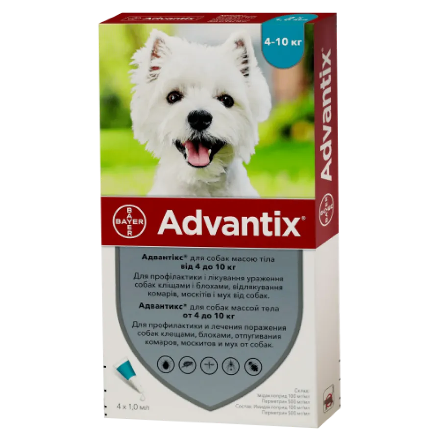 Advantix Краплі від бліх і кліщів для собак вагою 4-10 кг 1 амп. 1,0 мл — фото 1