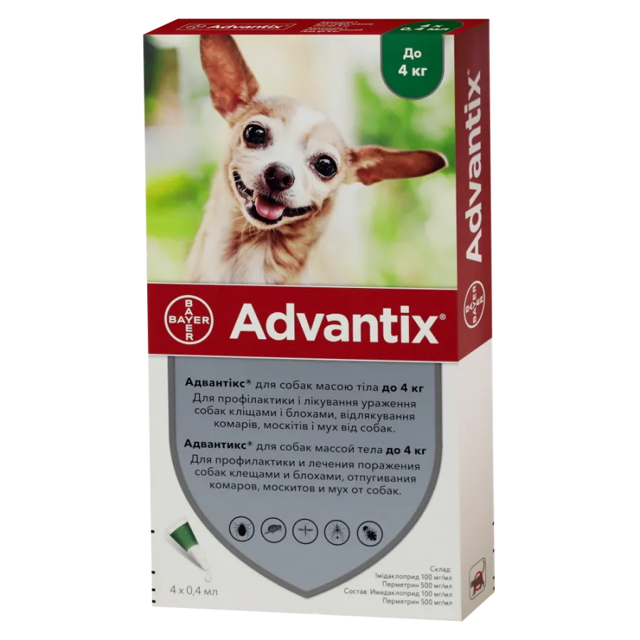Advantix Краплі від бліх і кліщів для собак вагою до 4 кг 1 амп. 0,4 мл — фото 1