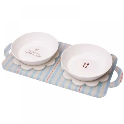 Керамічні миски для собак і котів на блакитній підставці Oops "BonBon Tray Kit" Berry Blue 250мл