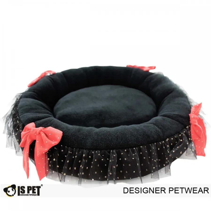 Лежанка для собак і котів Is Pet Gliter ribbon bed чорна плюшева з мереживом і бантиками — фото 1