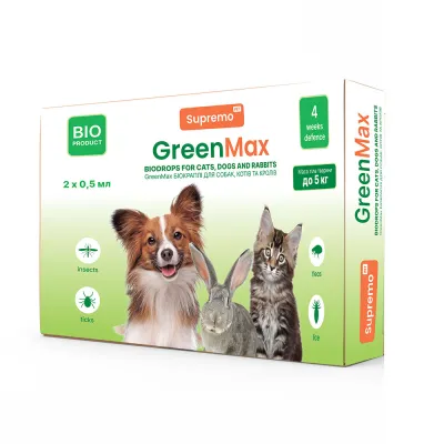 Краплі GREENMAX БИО для котів, дрібних собак і кроликів, вагою до 5кг 0,5мл профілактика від паразитів до 4 тижнів