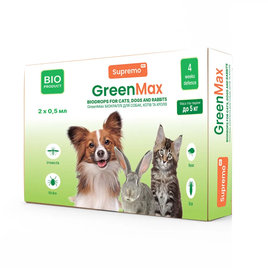 Краплі GREENMAX БИО для котів, дрібних собак і кроликів, вагою до 5кг 0,5мл профілактика від паразитів до 4 тижнів — фото 1