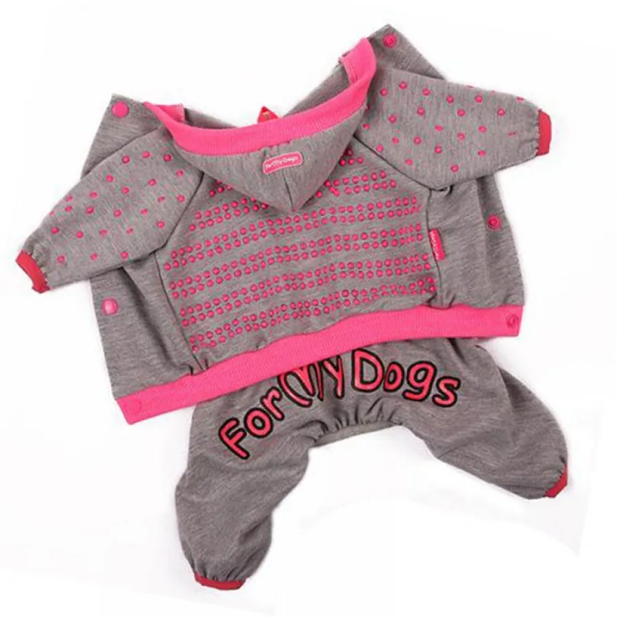 Трикотажный комбинезон для собак For My Dogs принт Цветные Полусферы, с капюшоном, малинового цвета — фото 1
