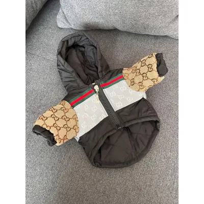 Зимова куртка для собак GUCCI з капюшоном, на блискавці, з джинсовими рукавами, світлодіодна вставка, чорна