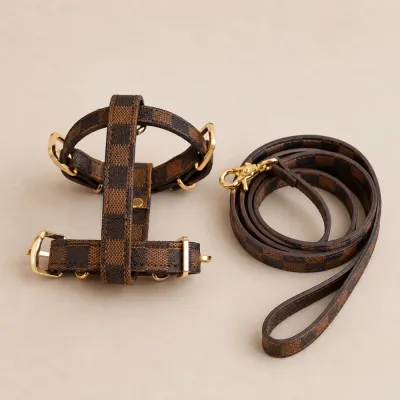 Шлея і поводок для собак LOUIS VUITTON розмальовка в квадрати, коричнева