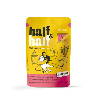 Влажный корм для взрослых кошек Half&Half говядина и морковь в желе, 85 г