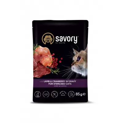 Корм вологий Savory Sterilised Cat Pouch Lamb & Cranberry in Gravy для стерилізованих котів з ягням та журавлиною у соусі 85 г