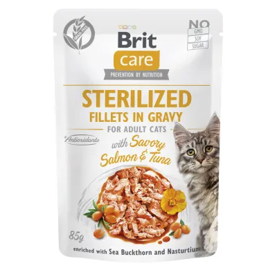 Корм вологий Brit Care Fillets in Gravy Savory Salmon & Tuna Sterilized для стерилізованих котів філе в соусі з лососем і тунцем 85 г