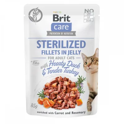 Корм вологий Brit Care Fillets in Jelly Hearty Duck & Turkey Sterilized для стерилізованих котів філе в желе з качкою та індичкою 85 г