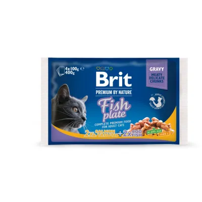 Влажный корм Brit Premium Cat Fish Plate pouches для кошек, с треской, лососем и форелью, 100 г x 4 шт.