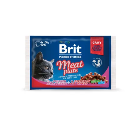 Корм вологий Brit Premium Cat Meat Plate pouches набір для котів м’ясна тарілка курка та індичка з тушкованою яловичиною та горохом 4 штх100 г