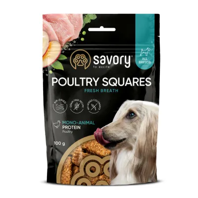 Монопротеїнові ласощі для собак Savory Monoprotein Squares Fresh Breathe rich in Poultry для здорового подиху, з м’ясом птиці 100 г