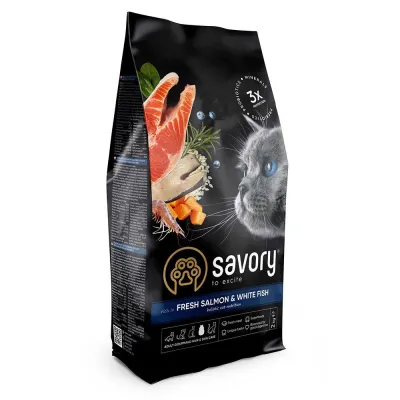 Корм сухий Savory Adult Cat Gourmand Fresh Salmon & White Fish для довгошерстих котів зі свіжим лососем і білою рибою