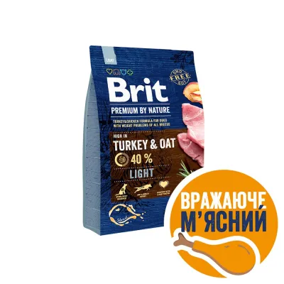 Корм сухий Brit Premium Dog Light для собак з надмірною вагою з індичкою