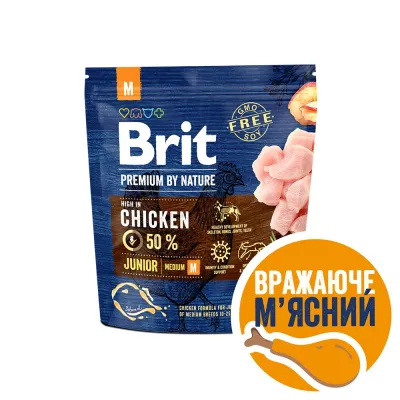 Корм сухий Brit Premium Dog Junior для цуценят та молодих собак середніх порід від 1 до 12 місяців вагою 10-25 кг з куркою 1 кг