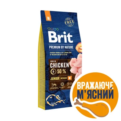 Корм сухий Brit Premium Dog Junior для цуценят та молодих собак середніх порід від 1 до 12 місяців вагою 10-25 кг з куркою 15 кг