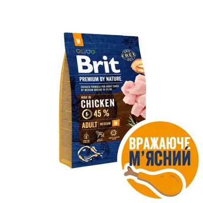 Корм сухий Brit Premium Dog Adult для дорослих собак середніх порід вагою 10-25 кг з куркою 3 кг