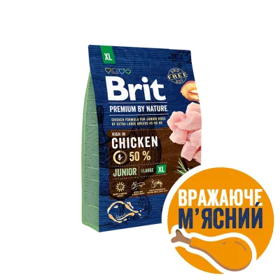 Корм сухий Brit Premium Dog Junior для цуценят і молодих собак гігантських порід від 1 до 30 місяців вагою 45-90 кг з куркою 3 кг