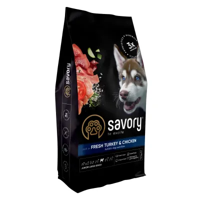Корм сухий Savory Junior Large rich in Fresh Turkey & Chicken для молодих собак великих порід від 25 кг зі свіжою індичкою та куркою 12 кг
