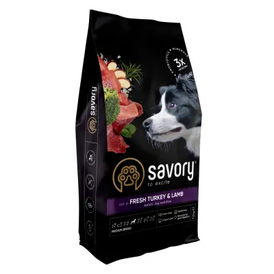 Корм сухий Savory Medium Breed rich in Fresh Turkey & Lamb для дорослих собак середніх порід від 10 до 25 кг зі свіжим ягням та індичкою 12 кг