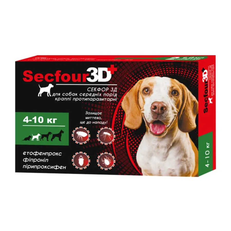 Secfour 3D капли для собак противопаразитные от блох и клещей (этофенпрокс/фипронил/пирипроксифен) 4-10кг — фото 1