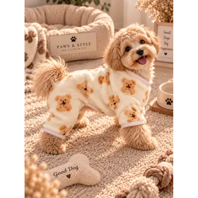 Теплий плюшевий комбінезон для собак Teddy Bear молочний з ведмедиками