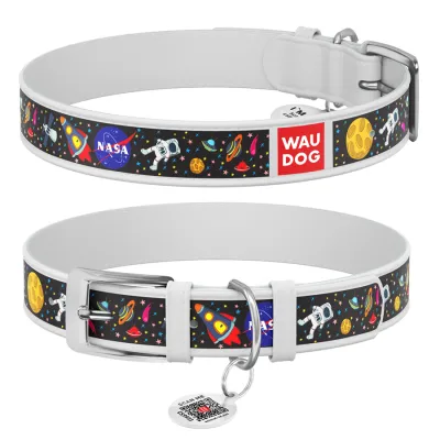 Ошейник для собак кожаный WAUDOG Design с QR паспортом, рисунок "NASA", белый