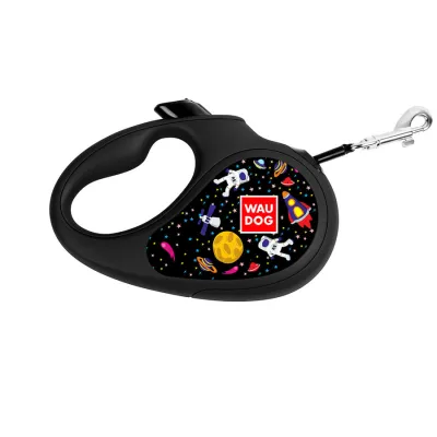 Повідець-рулетка для собак WAUDOG R-leash, малюнок "NASA", до 15 кг, 5 м, світловідбиваюча стрічка чорний