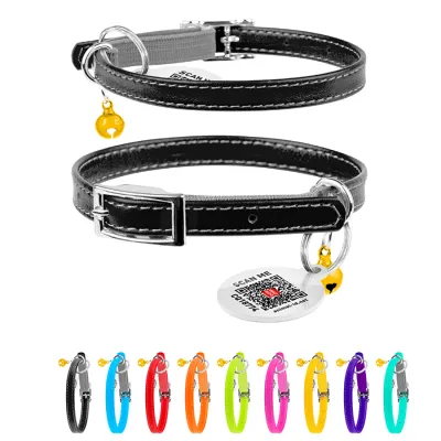 Ошейник для кошек кожаный WAUCAT Glamour с QR паспортом, без украшений, черный