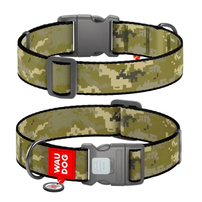 Ошейник для собак нейлоновый WAUDOG Nylon с QR паспортом, рисунок Мілітарі, пластиковый фастекс