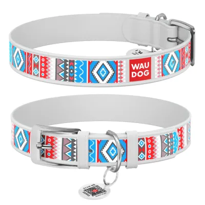 Ошейник для собак кожаный WAUDOG Design с QR паспортом, рисунок "Этно", белый