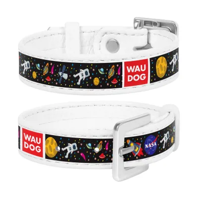Ошейник WAUDOG Design с рисунком "NASA", премиум кожа, металлическая пряжка (ширина 15 мм, длина 17-23 см) белый