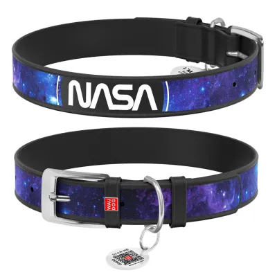 Ошейник для собак кожаный WAUDOG Design с QR паспортом, рисунок «NASA21», черный