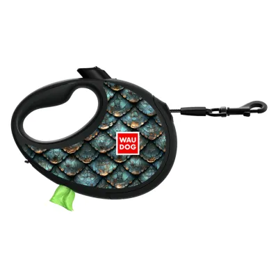 Повідець-рулетка для собак WAUDOG R-leash з контейнером для пакетів, малюнок "Луска", світловідбивна стрічка, до 40 кг, 5 м