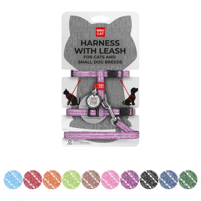 Шлея з повідцем для котів WAUCAT Re-cotton з QR паспортом, з відновленої бавовни, світловідбиваюча, пластиковий фастекс, Ш 10 мм, Д 122 см, В 25-40 см, С 20-30 см фіолетовий