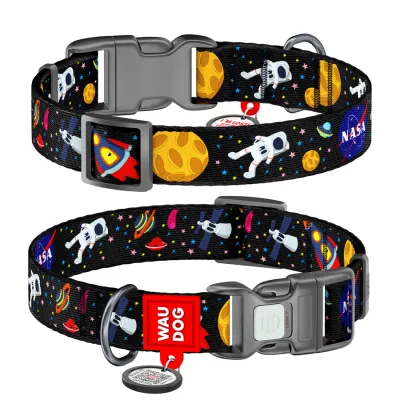 Ошейник для собак нейлоновый WAUDOG Nylon с QR паспортом, рисунок «NASA», пластиковый фастекс