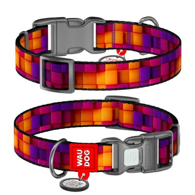 Ошейник для собак нейлоновый WAUDOG Nylon с QR паспортом, рисунок "Кубы 3Д", пластиковый фастекс, Ш 15 мм, Дов 25-35 см