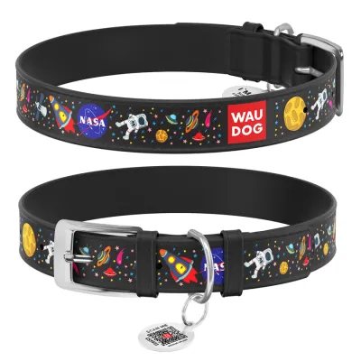 Ошейник для собак кожаный WAUDOG Design с QR паспортом, рисунок "NASA", черный