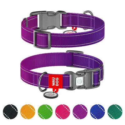 Ошейник для собак нейлоновый WAUDOG Nylon Mono с QR паспортом, светоотражающий, пластиковый фастекс, фиолетовый