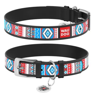 Ошейник кожаный с QR паспортом WAUDOG Design, Ш 35 мм, Дов 46-59 см, "Этно"