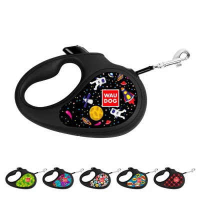 Поводок-рулетка для собак WAUDOG R-leash, рисунок "NASA", до 12 кг, 3 м, светоотражающая лента черный
