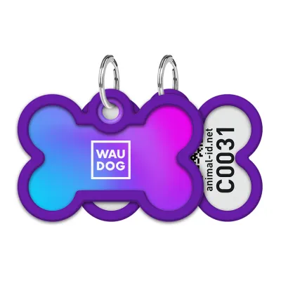 Адресник для собак и кошек металлический WAUDOG Smart ID с QR паспортом, «Градиент фиолетовый», кость, 40 мм, 28 мм