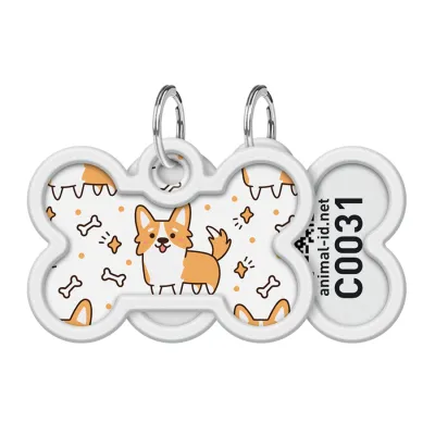 Адресник для собак и кошек металлический WAUDOG Smart ID с QR паспортом, рисунок "Корги", кость, Д 40 мм, Ш 28 мм