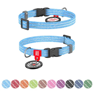 Нашийник для котів та дрібних порід собак WAUDOG Re-cotton з QR паспортом, відновлена бавовна, світловідбиваючий, пластикова пряжка, Ш 10 мм, Дл 2 блакитний