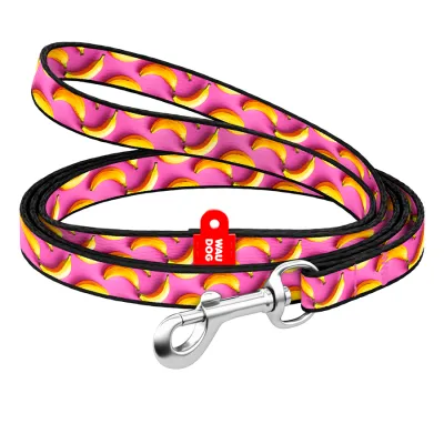 Повідець для котів та дрібних порід собак нейлоновий WAUDOG Nylon, малюнок "Банани на рожевому", Ш 10 мм, Дов 122 см