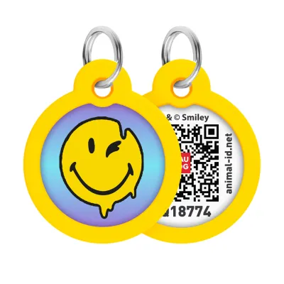 Адресник для собак і котів металевий WAUDOG Smart ID з QR паспортом, малюнок "Смайли на блакитному", коло, Д 30 мм