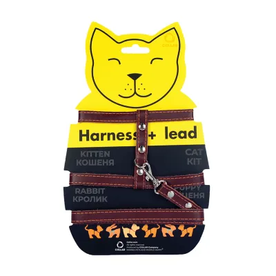 Шлея с поводком кожаная для котов CoLLaR, 12 мм, A:22-30 см, B:30-40 см, 122 см, коричневая