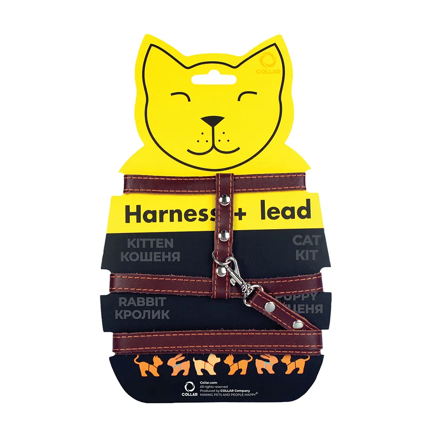 Шлея с поводком кожаная для котов CoLLaR, 12 мм, A:22-30 см, B:30-40 см, 122 см, коричневая — фото 1